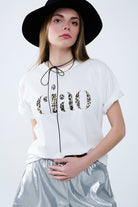 Q2 T-shirt blanc décontracté avec Ciao en imprimé léopard
