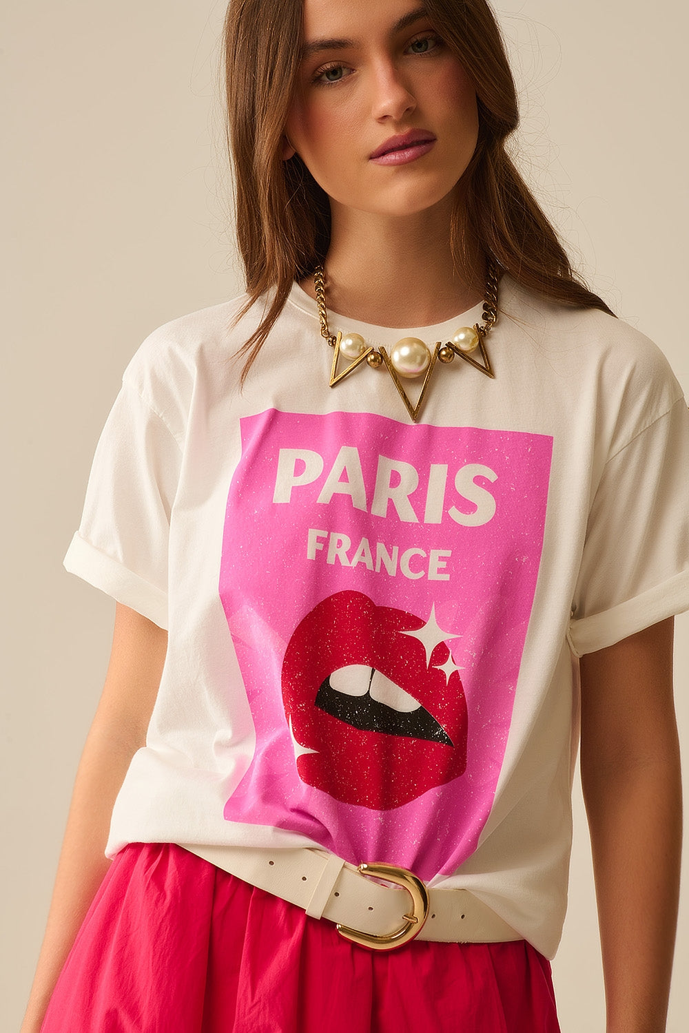 Q2 T-shirt blanc décontracté avec imprimé lèvres made in Italy