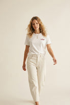 Q2 T-shirt blanc en coton brodé sur la poitrine coupe régulière col rond