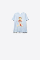 Q2 T-shirt bleu fabriqué en Italie avec un motif de fille vintage