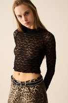 Q2 T-shirt court en dentelle noire avec manches longues