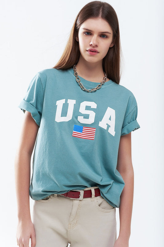 Q2 T-shirt long ample vert avec logo USA