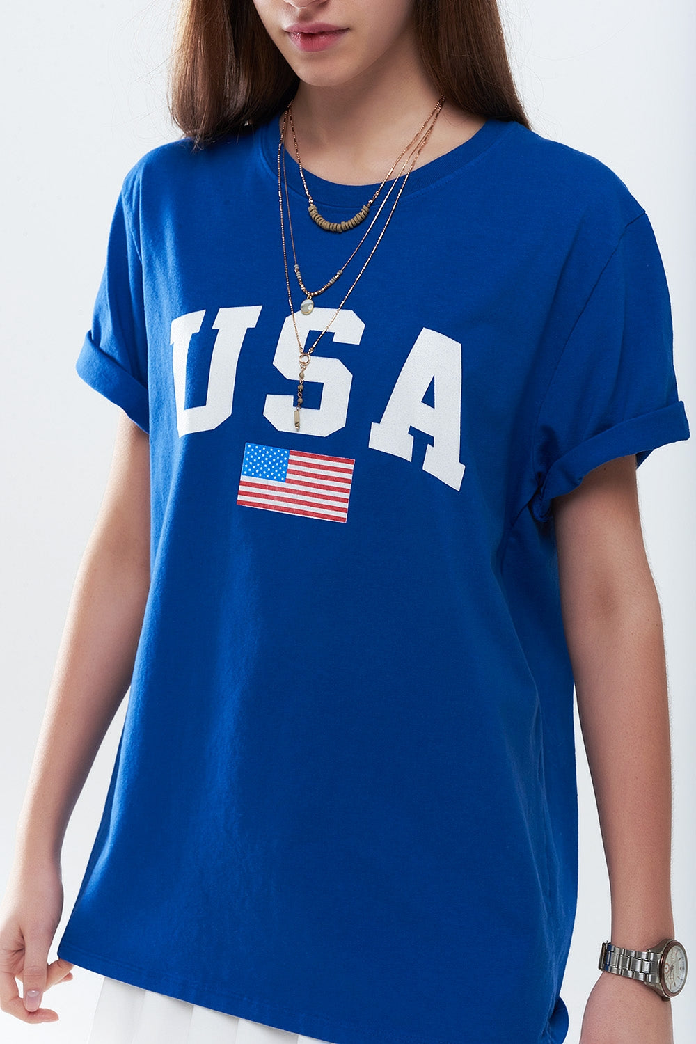 Q2 T-shirt long bleu ample avec logo USA