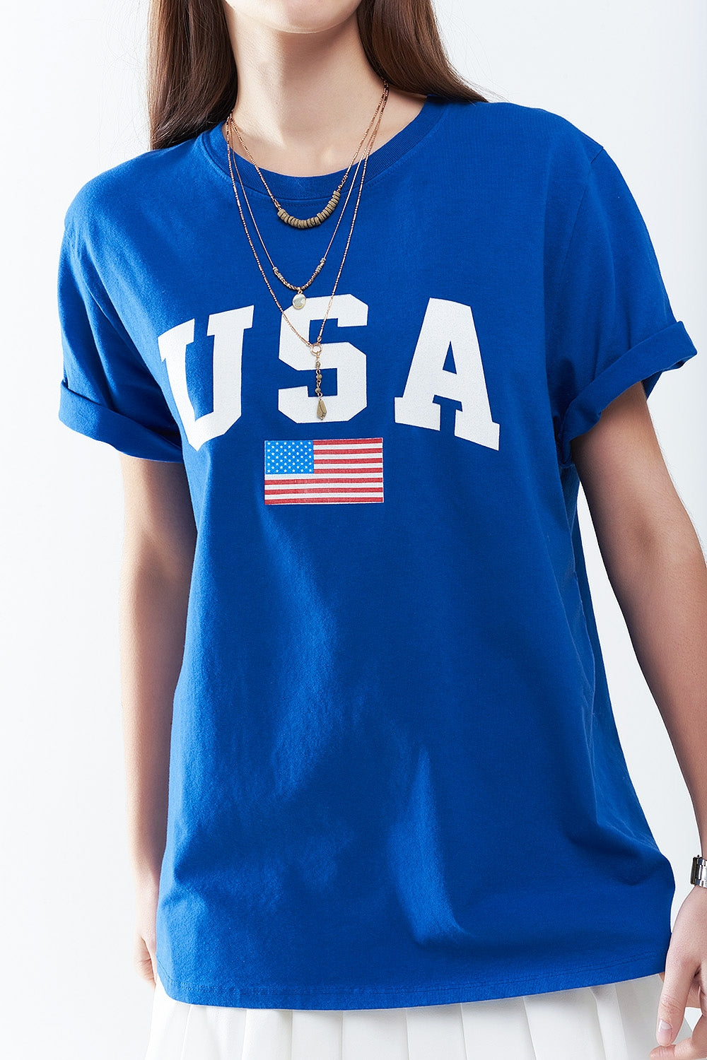 T-shirt long bleu ample avec logo USA