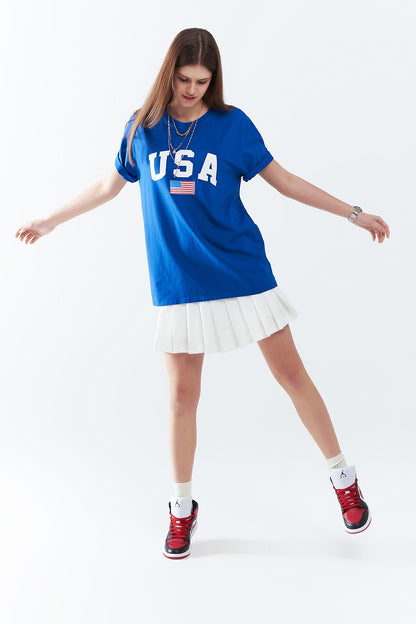 T-shirt long bleu ample avec logo USA