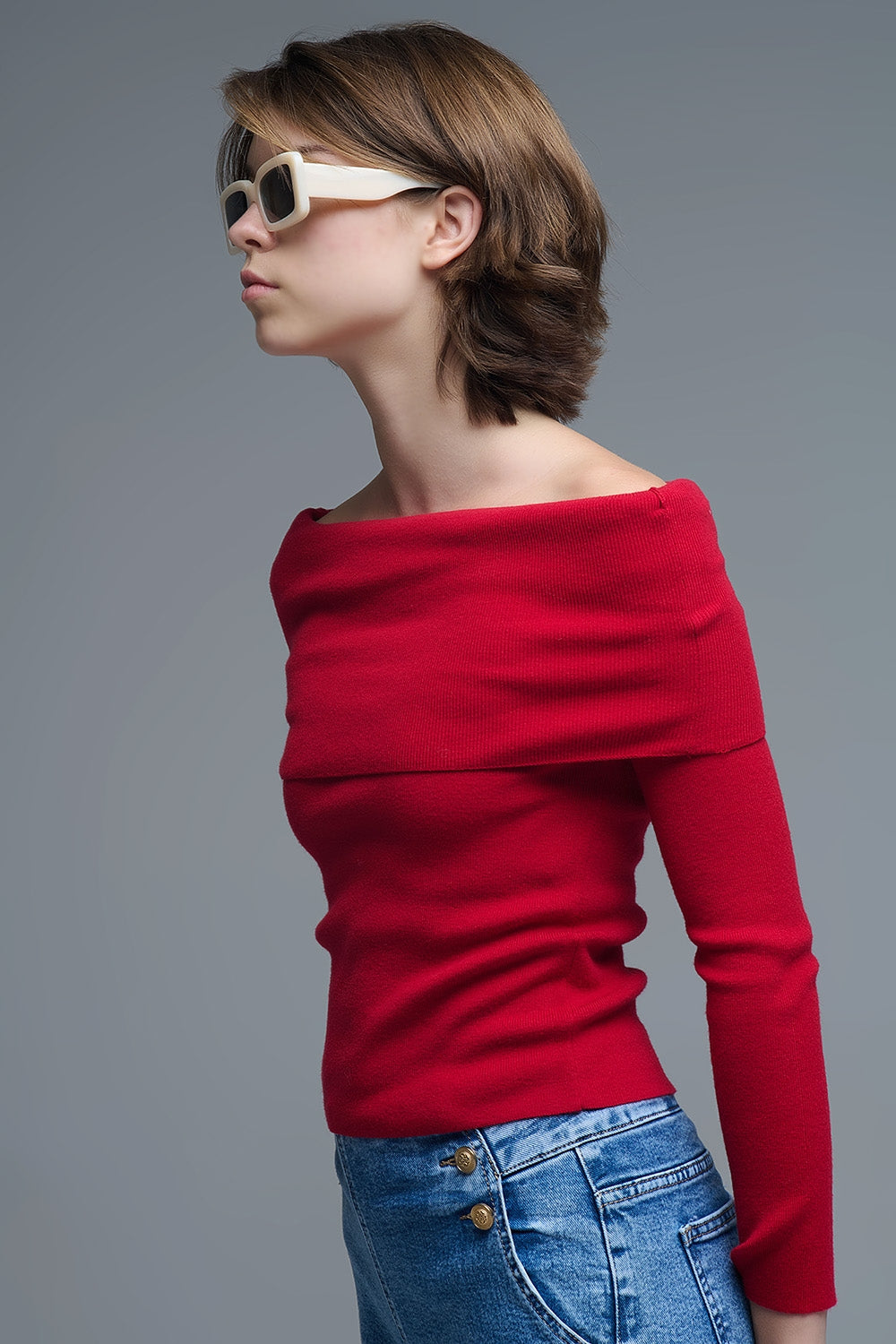 Q2 Top chic en tricot rouge à épaulettes