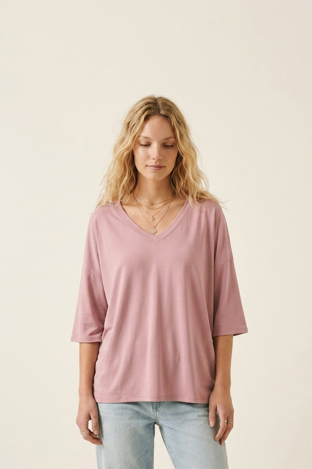 Q2 Top décontracté à col en V et manches 3/4 couleur rose poudré