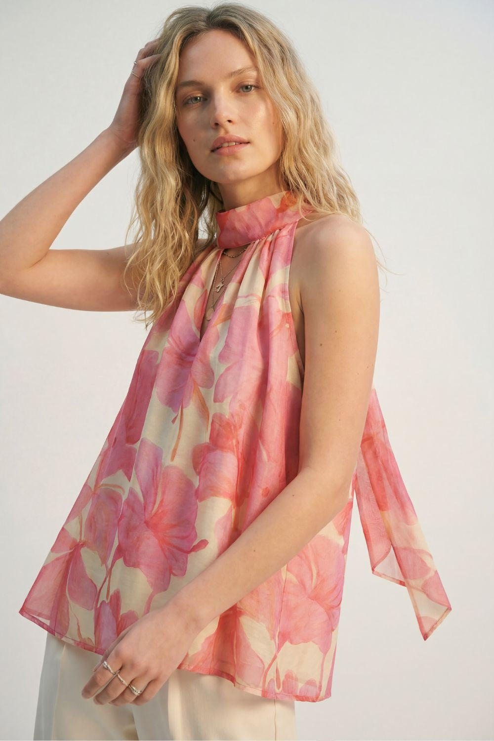 Q2 Top dos nu en mousseline florale rose