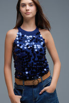 Q2 Top en tricot marine avec détails en paillettes
