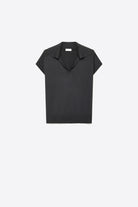 Q2 Top noir en maille fine avec col polo ourlet côtelé coupe régulière