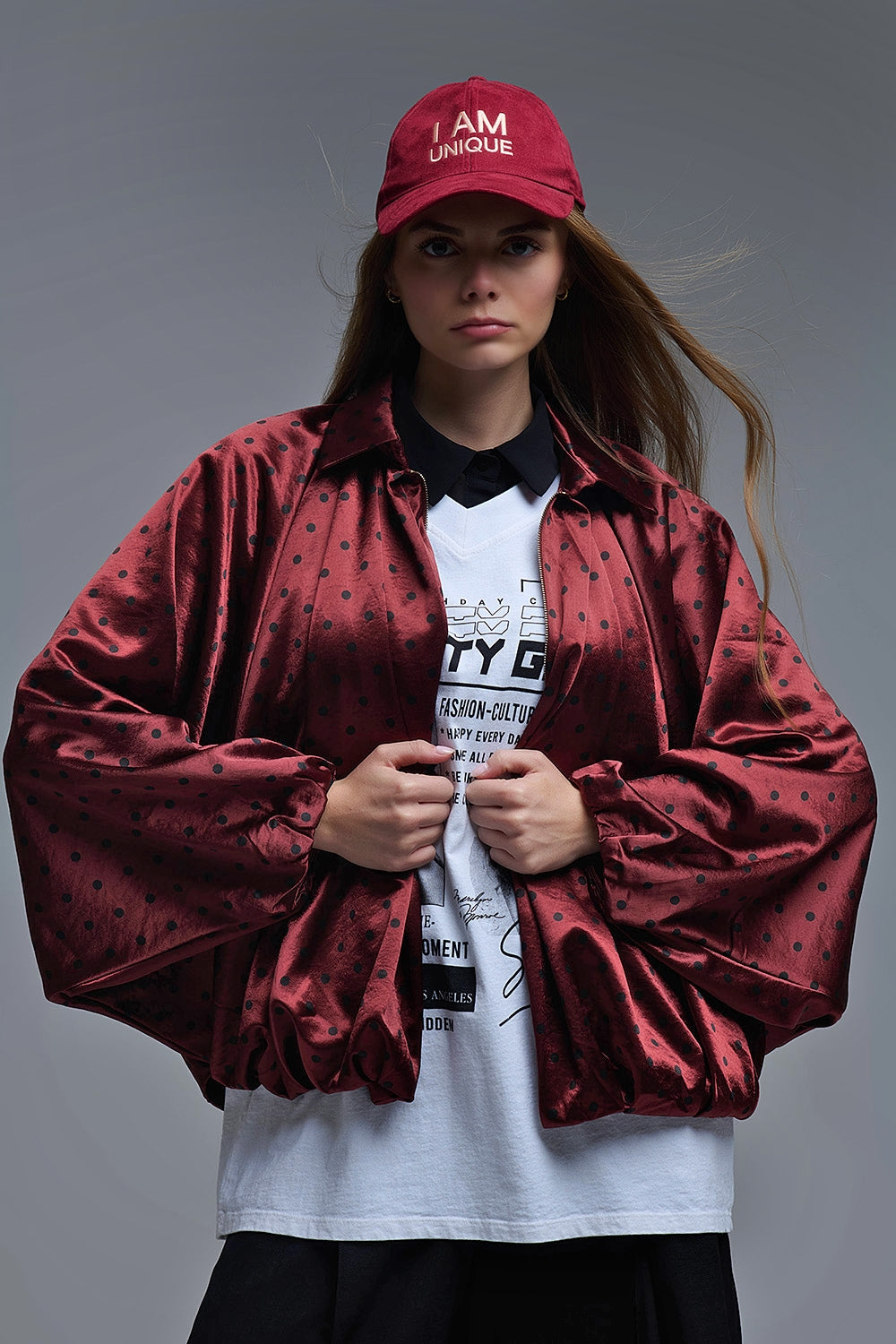 Q2 Veste bomber en satin à pois en bourgogne