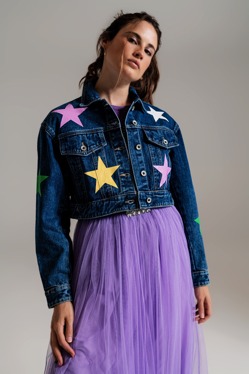 Q2 Veste en denim avec imprimé d'étoiles multicolores