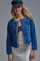Q2 Veste en denim stretch avec ornements en bleu