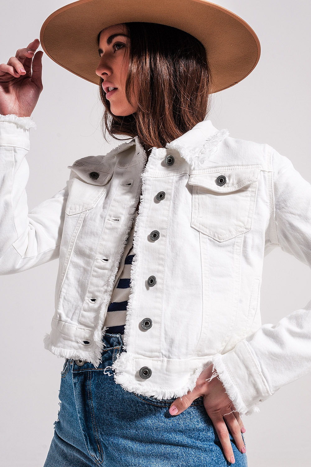Q2 Veste en jean à bords bruts Blanc