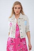 Q2 Veste en jean beige avec fleurs brodées
