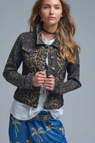 Q2 Veste en jean imprimé léopard en tissu denim