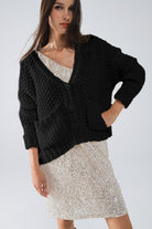 Q2 Veste oversize en maille épaisse noire avec poches